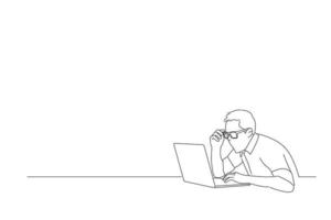 Drawing of young shocked man using laptop computer sitting at table. One line art vector