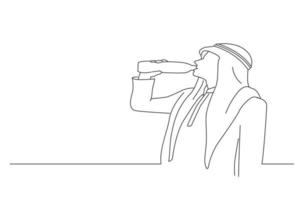 Drawing of arab business man with suit holding water bottle and drinking outdoor. Outline drawing style art vector