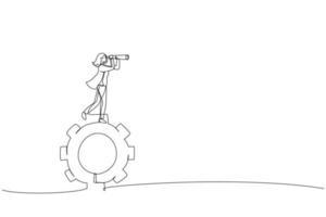 Illustration of businesswoman standing on gears looks through a telescope. One line art style vector