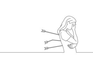 la ilustración de una mujer se inclina y está triste de que una flecha esté clavada en su espalda. arte de una línea vector