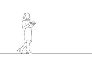 Cartoon of side view of businesswoman holding a cup of coffee and standing wearing her high heels. One line art vector