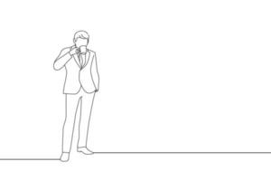 Cartoon of businessman standing and drinking coffee. One line art vector