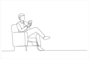 caricatura de un tipo que usa un teléfono móvil con una nueva aplicación sentado en un sillón. estilo de arte de línea continua única vector