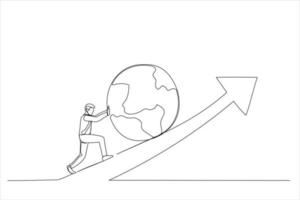 Drawing of businessman leader push the world up rising up graph. International investment growth. Single line art style vector