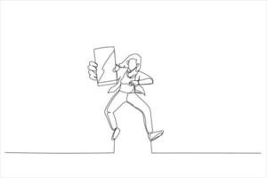 Drawing of closeup of smartphone with blank screen in jumping. Single line art style vector