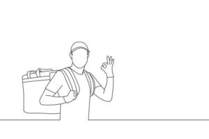 Drawing of mailman wear carrying bag order showing ok sign. Line art style vector