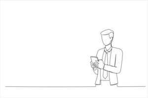 Drawing of business man using cell phone. Having Conversation, typing sms or presenting. Single line art style vector