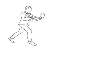 Drawing of businessman jumping going using laptop isolated over white background. Oneline art drawing style vector
