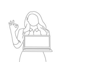 Drawing of asian businesswoman holding blank screen laptop computer and showing ok isolated over white background. Oneline art drawing style vector