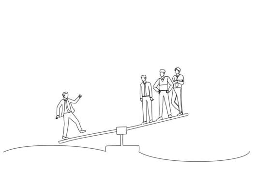 Drawing of businessman on one side of weighing scale is heavier than many executives the other side. Single continuous line art vector