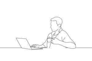 Drawing of businessman working on his laptop while drinking coffee. One line art vector