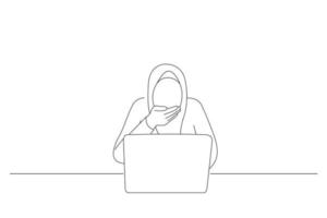 Drawing of muslim businesswoman wearing hijab shocked stunned when looking at laptop. Outline drawing style art vector