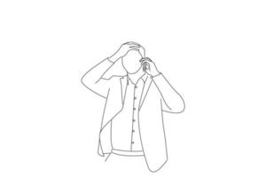 Illustration of handsome businessman standing at street, talking on a mobile phone and having bad conversation. Oneline art drawing style vector