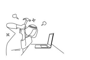 Drawing of angry arab young office worker smashing computer screen with hammer. Single continuous line art vector