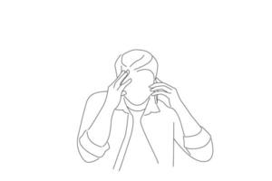 Drawing of stressed business man holding cellphone conversation, feeling displeased with bad negative news. One line art vector