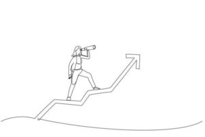 Drawing of businesswoman team manager using telescope to see future standing on top of rising arrow market graph. Investor fortune or profit growth. Single line art style vector