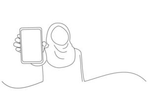 Cartoon of asian muslim woman looking at camera and shows her smart phone, phone mock up. Line art style vector