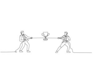 Cartoon of rivals pulling a rope, tug of war, fighting for the prize. Single continuous line art style vector