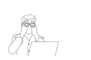 Drawing of young man in glasses covering face eyes with both hands. line art style vector