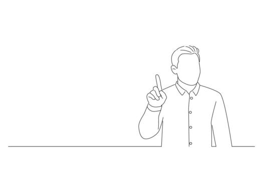 Cartoon of young handsome man showing and pointing up with finger number one while smiling confident and happy. One line art vector