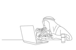 caricatura de un hombre de negocios árabe comiendo un enorme plato de pasta frente a una laptop. arte de estilo de dibujo de contorno vector