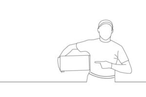 Illustration of delivery man employee hold cardboard package box and pointing it. One line art vector