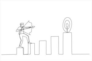 Cartoon of confidence businessman aiming his bow arrow to top of high performance target. Business challenge to achieve higher target. Continuous line art vector