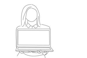 Cartoon of happy businesswoman showing blank laptop screen looking at camera. One line art vector