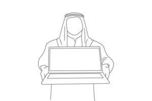 Drawing of happy millennial arab businessman holding laptop computer with black blank screen, showing free space for your mockup design. One line art vector