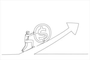 Illustration of businessman investor trying hard to push bitcoin up rising up arrow graph and chart. Bitcoin and crypto price rising up. One continuous line art style vector