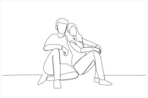 Cartoon of adorable guy lady dressed white shirts sitting floor looking empty space. Continuous line art style vector