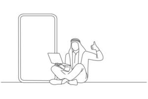 Drawing of cool young arab guy sitting with laptop pc near giant cellphone with blank screen, showing thumb up gesture. Oneline art drawing style vector