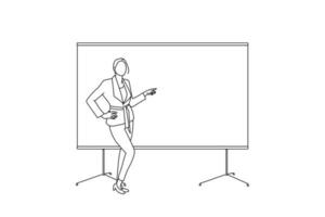 Cartoon of business woman near the whiteboard points to the copy space, showing presentation. One line art vector