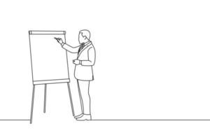 Drawing of businessman talk make whiteboard presentation for employees in modern office. Outline drawing style art vector