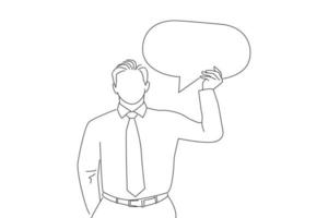 Cartoon of businessman holding a yellow speech bubble on white. One line art vector