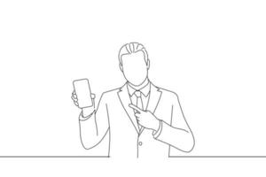 Drawing of excited businessman recommending to buy new digital gadget device. Line art style vector