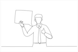 Cartoon of young business man holding speech bubble over doing ok sign, thumb up with fingers, excellent sign. Single continuous line art style vector