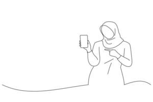 caricatura de una hermosa mujer asiática sorprendida hiyab señalando con el dedo el teléfono móvil de pantalla en blanco. estilo de dibujo de arte de una línea vector