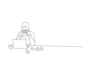 Drawing of arab businesswoman in hijab sneezing at home office. Sick ill concept. Single line art style vector