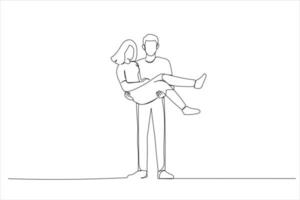 Drawing of young groom carrying a bride in his hands. Single continuous line art vector