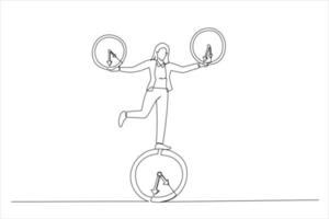 Drawing of businesswoman balancing all time pieces. Work life balance or control work project time and schedule concept. Single continuous line art vector