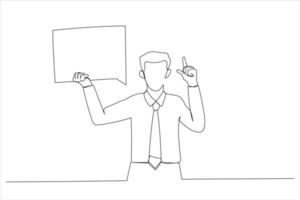 Drawing of businessman holding blank speech bubble, pointing finger up, copyspace. Single line art style vector