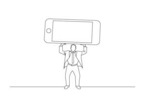 caricatura de un hombre de negocios que equilibra un teléfono inteligente celular gigante sobre su cabeza que tiene una pantalla en blanco para sus imágenes y texto. arte de una línea vector