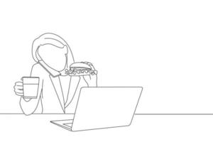 Drawing of busy woman talking on the phone while having burger and coffee for lunch. Oneline art drawing style vector