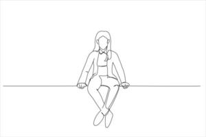 Illustration of young businesswoman sitting on a blank billboard. One line art style vector