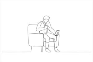 Drawing of young man wearing a suit using his phone feeling excited and rejoices while looking at the phone. Single line art style vector