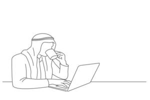 Drawing of young arab businessman enjoying fresh coffee at work working on laptop. Outline drawing style art vector