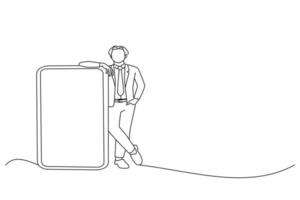 Drawing of businessman standing and leaning on huge giant cell phone with empty white screen template. Mock up for app website, free space for advertising. Oneline art drawing style vector