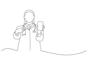 ilustración de una doctora o enfermera feliz con estetoscopio que muestra un teléfono inteligente. estilo de dibujo de arte de una línea vector