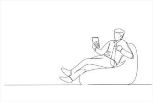 Illustration of young man sit in bag chair hold use pointing index finger on mobile cell phone. One line art style vector